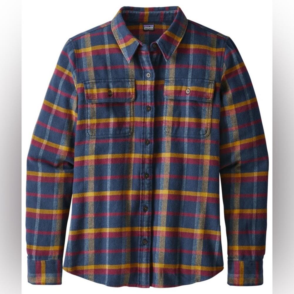 Patagonia Womens Long Sleeved Fjord Flannel Button Down Blue & Yellow Sz Small